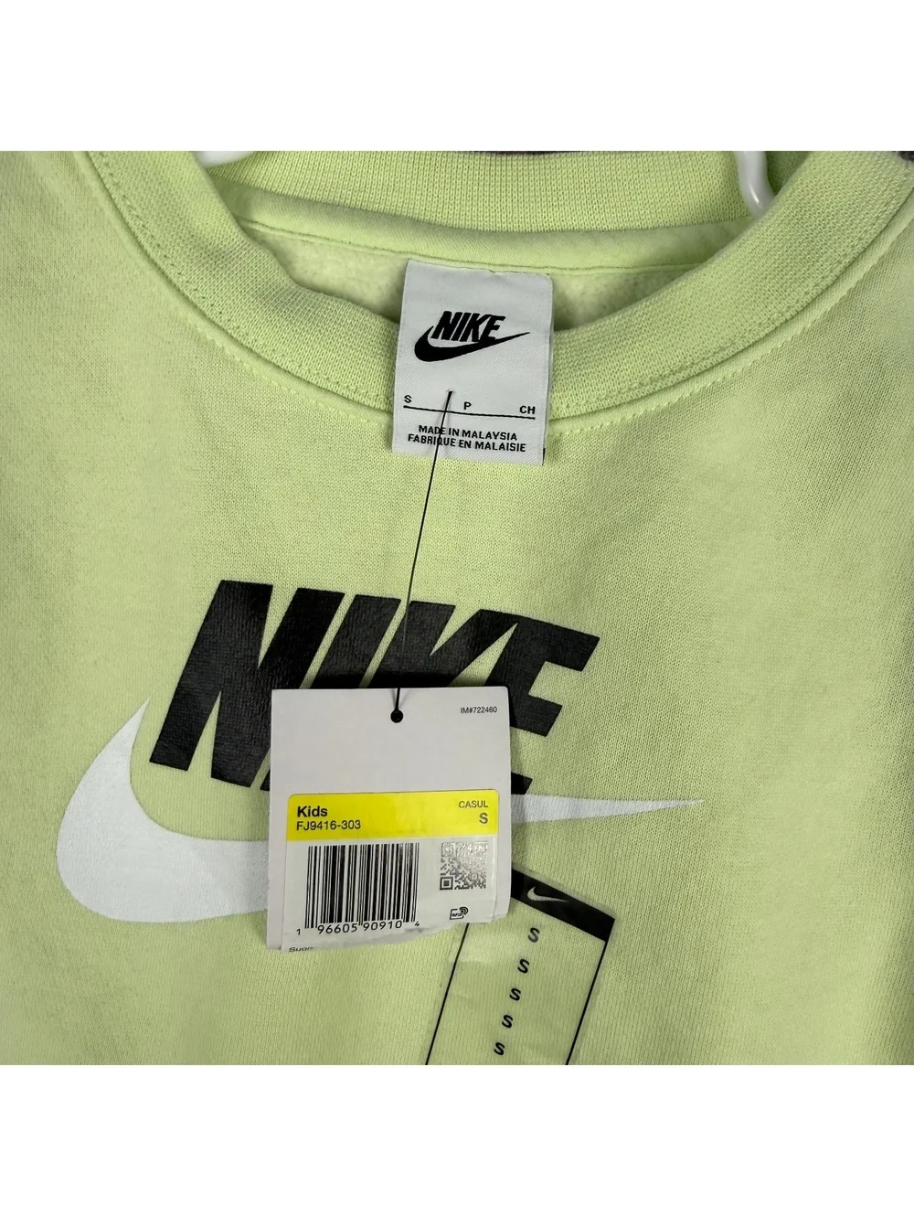 Nike Crew Neck Hoodie Neon Green Black White Youth Kids Size Small NWT 190
